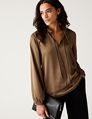 Tie Neck Blouson Sleeve Blouse