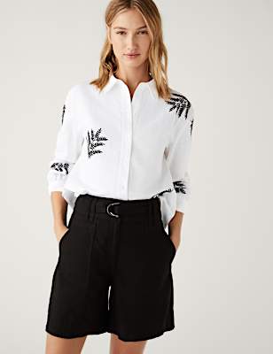 Linen Rich Embroidered Collared Shirt