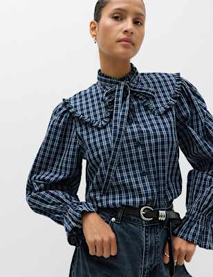 Pure Cotton Checked Tie Neck Shirt