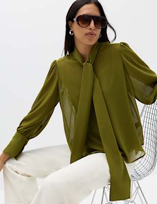 Sheer Tie Neck Bow Blouse