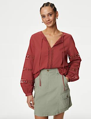 Pure Cotton Broderie Tie Neck Blouse