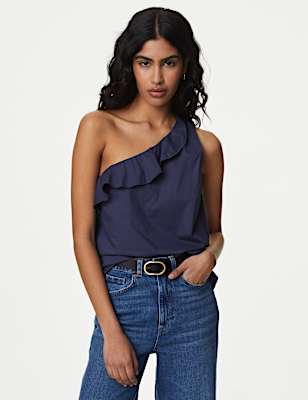 Pure Cotton One Shoulder Frill Detail Blouse