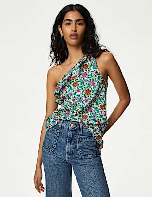 Pure Cotton Frill Detail One Shoulder Top