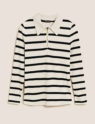 Striped Ribbed Collared Fitted Top