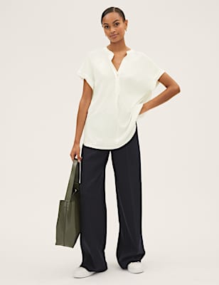Jersey V-Neck Short Sleeve Popover Blouse