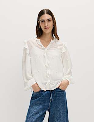 Embellished V-Neck Ruffle Long Sleeve Blouse