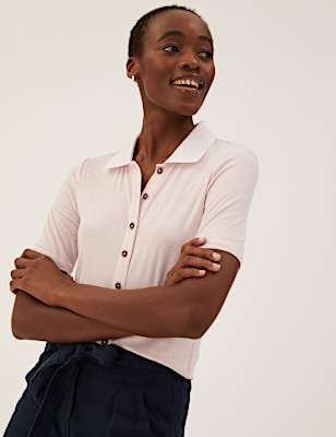 Ribbed Collared Short Sleeve Top