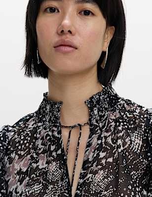 Printed Sparkly Shirred High Neck Ruffle Blouse