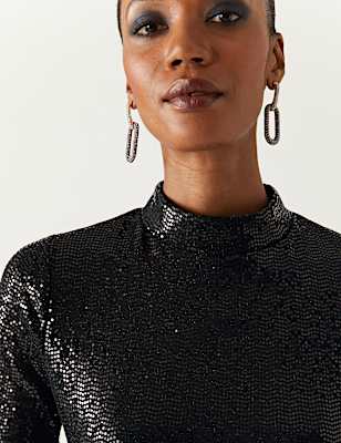 Sequin Regular Fit High Neck Top