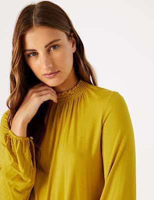 Gathered Neck Long Sleeve Top