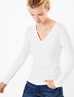 Ribbed V Neck Long Sleeve Fitted Top