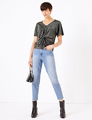 Metallic Twist Front V-Neck Short Sleeve Top
