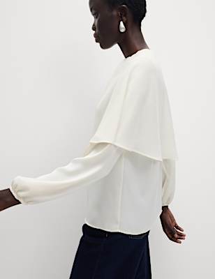 Round Neck Cape Detail Blouse