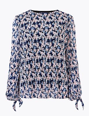Plisse Floral Long Sleeve Top