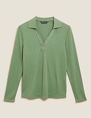 Ribbed Collared Long Sleeve Top