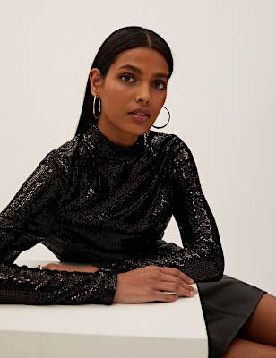 Sequin Funnel Neck Regular Fit Top