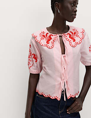 Pure Cotton Embroidered Collared Blouse