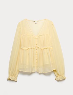 V-Neck Ruffle Detail Long Sleeve Blouse