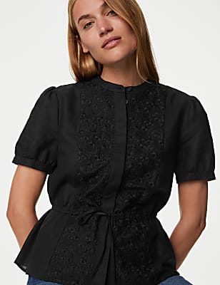 Linen Rich Embroidered High Neck Blouse