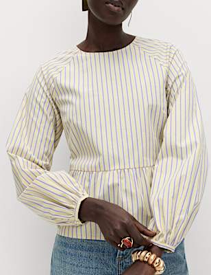 Pure Cotton Striped Round Neck Peplum Blouse Co Ord