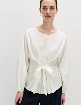Pure Cotton Pleat Tie Detail Blouse