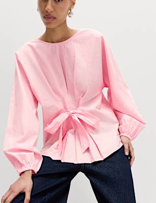 Pure Cotton Pleat Tie Detail Blouse