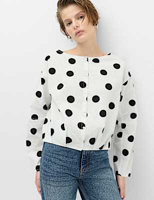 Pure Cotton Polka Dot Barrel Sleeve Blouse