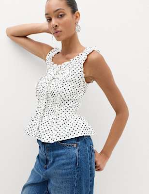 Pure Cotton Polka Dot Ruffle Detail Peplum Top
