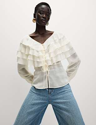 V-Neck Ruffle Tie Detail Button Through Blouse