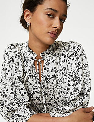 Printed Frill Neck Tie Front Popover Blouse