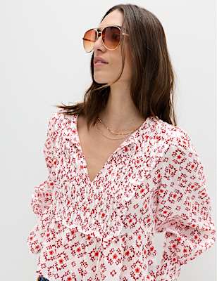 Cotton Rich Tie Neck Puff Sleeve Blouse