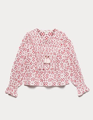 Cotton Rich Tie Neck Puff Sleeve Blouse