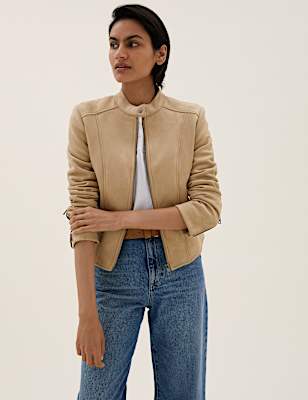 Faux Suede Collarless Biker Jacket