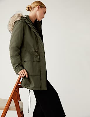 Pure Cotton Hooded Borg Lined Parka Coat