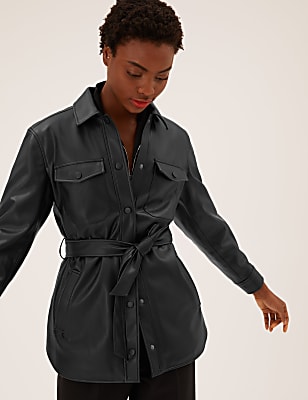 Faux Leather Belted Collared Shacket