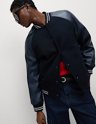 Faux Leather Relaxed College Bomber Jacket