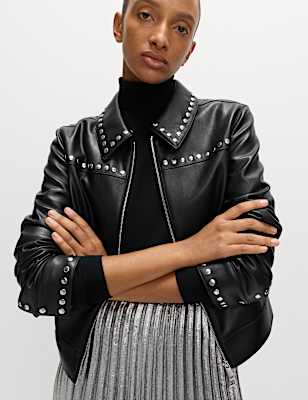 Faux Leather Studded Harrington Jacket