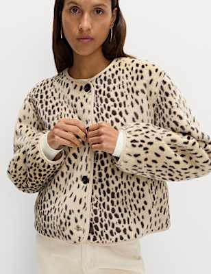 Faux Fur Animal Print Collarless Jacket