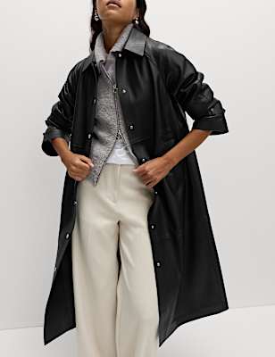 Faux Leather Collared Longline Car Coat