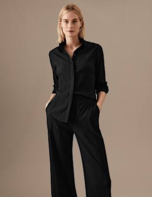 Jersey Plisse Collared Relaxed Shirt