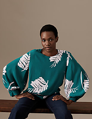 Cupro Rich Printed Blouson Sleeve Blouse