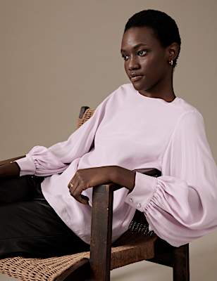 Cupro Rich Round Neck Balloon Sleeve Blouse