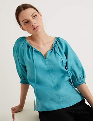 Pure Irish Linen Tie Neck Blouse