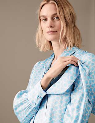 Satin Printed Scarf Neck Long Sleeve Blouse