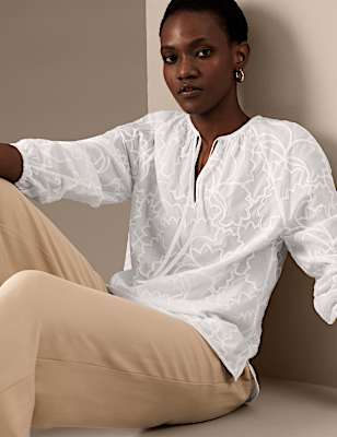 Pure Cotton Embroidered Tie Neck Blouse