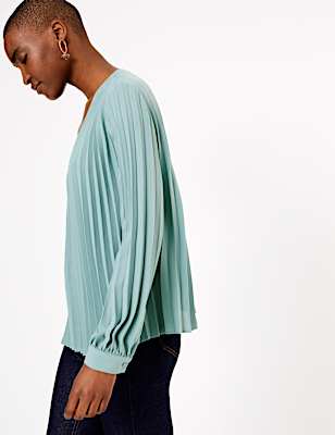 Pleated V-Neck Blouse