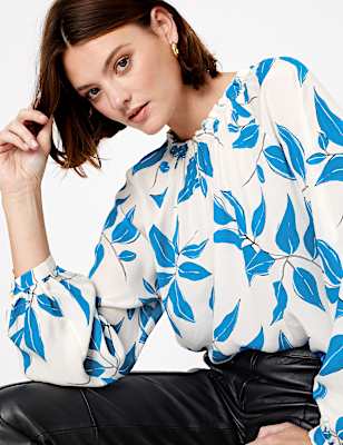 Leaf Print High Neck Relaxed Blouse