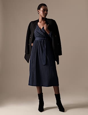Jersey Plisse V-Neck Midi Wrap Dress