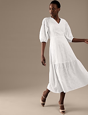 Pure Cotton Embroidered V-Neck Midaxi Dress