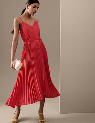 Plisse V-Neck Midi Slip Dress